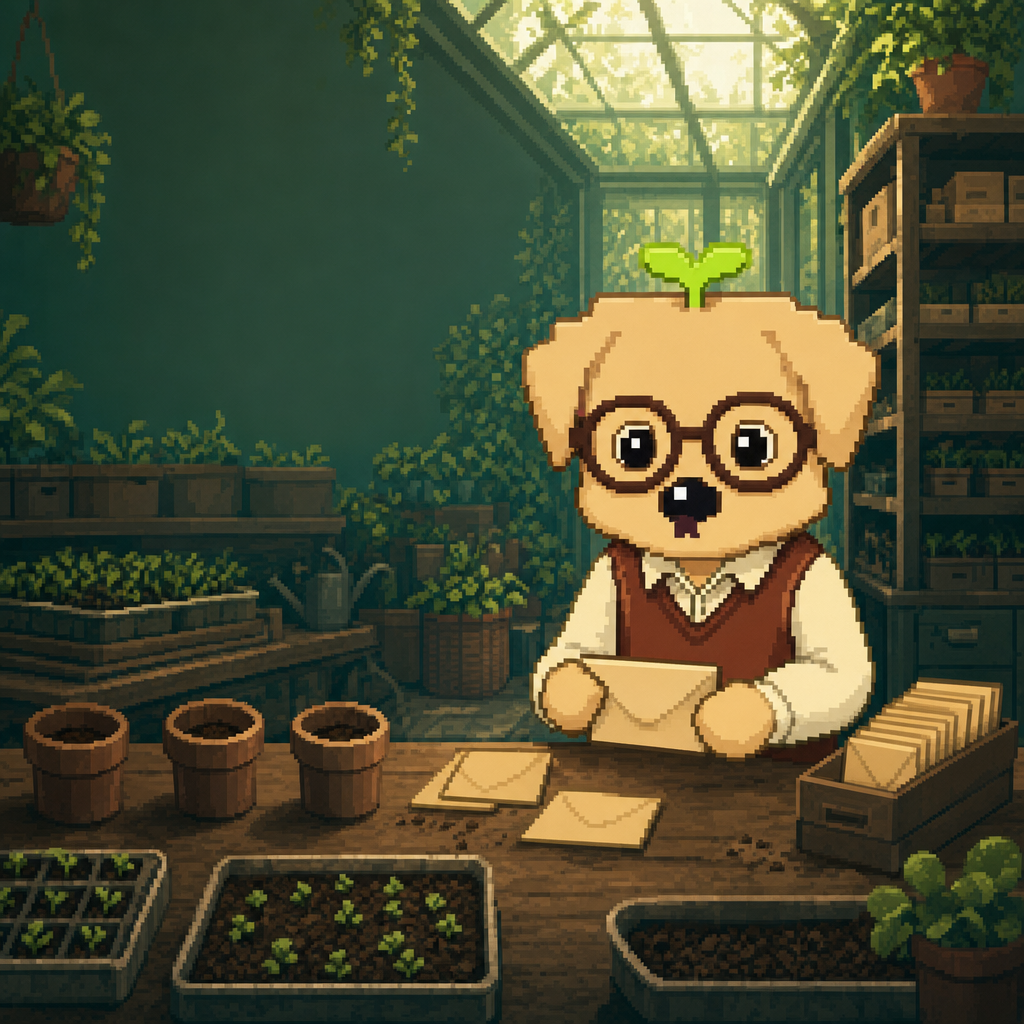 Pixel Sprout at a greenhouse desk holding a seed envelope, surrounded by pots, seed trays and a card file